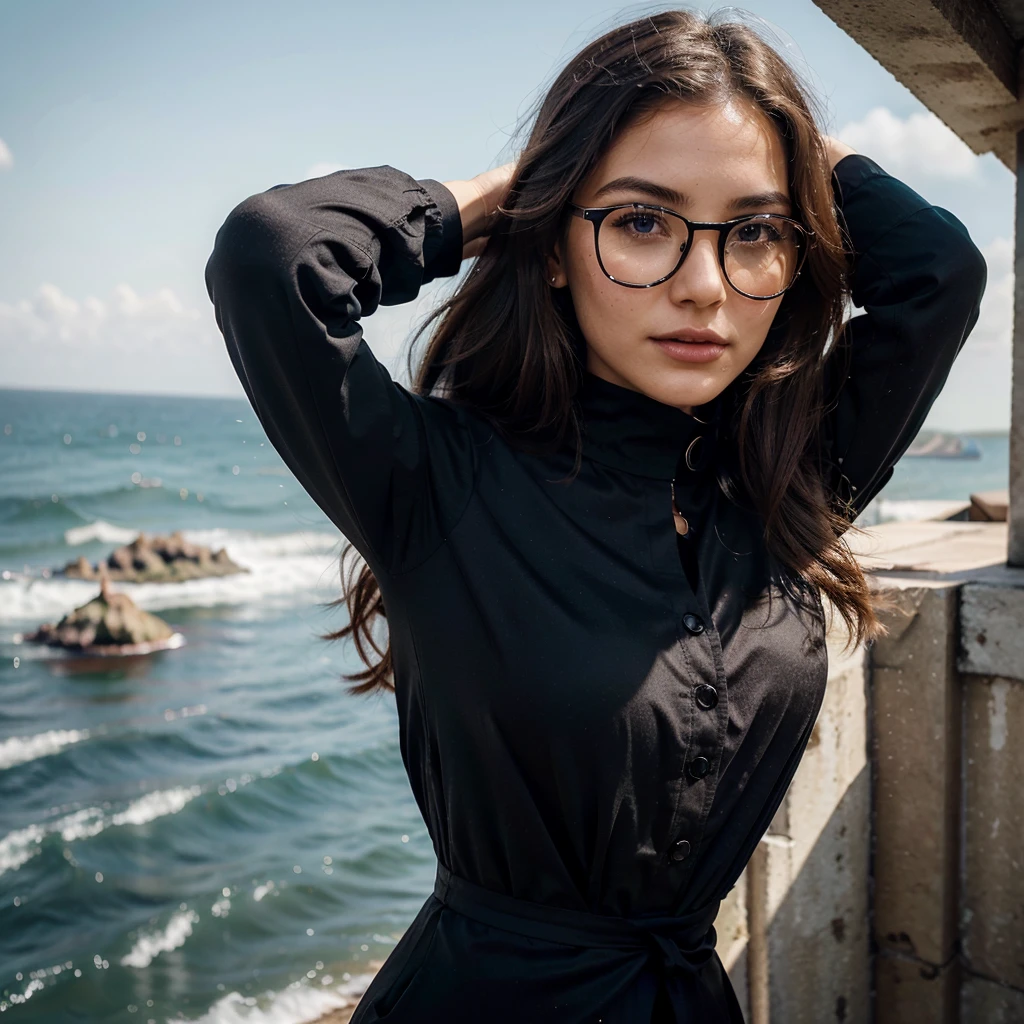 Create a very realistic and beautiful model with the following detailed features: Gender: Female, Age: Young adult (approximately 20-25 years old), Hair: Long, wavy and reddish with a natural shine, gently cascading around the shoulders and back back. . . . . . . . . . . . . , Eyes: Bright green with a captivating, slightly almond-shaped look, detailed with natural highlights, Skin: Fair complexion with a light texture, including natural freckles on the nose and cheeks, giving a youthful and vibrant appearance: Fair complexion with a light texture, including natural freckles on the nose and cheeks, giving a youthful and lively appearance, Face: with a smooth and natural contour, soft, full lips with a slight pinkish tint and a slightly delicate upturned nose, Expression : a gentle face, with a touch of mischief, which conveys warmth and approachability, Clothing: in a black suit and black sunglasses standing in an accentor, wearing a black suit, a black suit, a black outfit, a black suit and glasses, a black restrained suit, a black silky outfit, fashionable black clothes, a Girl in a suit, wears black clothes, Girl in a suit, Smooth black tight-fitting suit, wears an elegant outfit, haute couture chic, All black , Background: the model is in an accesor, start in accensor, accensor, accensor Pose: relaxed and confident posture, start on an open roof, end of sunny day, sea view in the background. aesthetic, Unsplash, Neoclassicism, Complex background, Best quality, hyper detailed, Gratty Sita, 64K, Light design