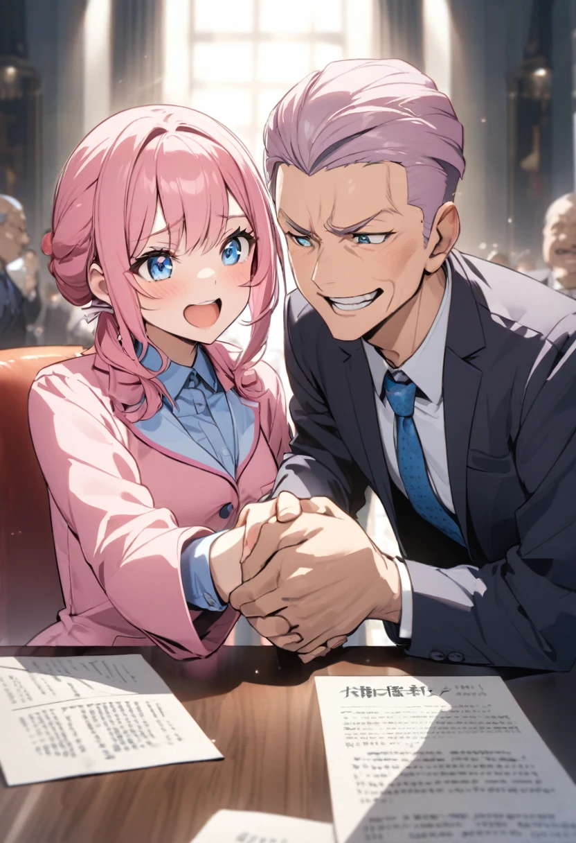 politician、Handshake、Sign the document、、Pink haired woman、blue eyes、Twin Drill