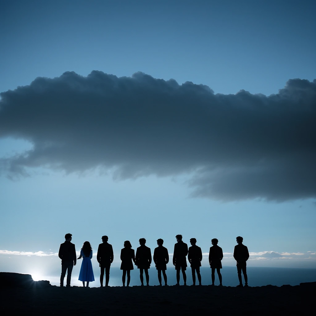 dark black cinematic wide shot, 5 young adults 2 girls 3 boys small silhouettes standing on a dark blue cloudy large empty silhouette of cliff edge, dark shadows, 4k, blue anamorphic lens flare, blue light in the background, VFX, steven Spielberg