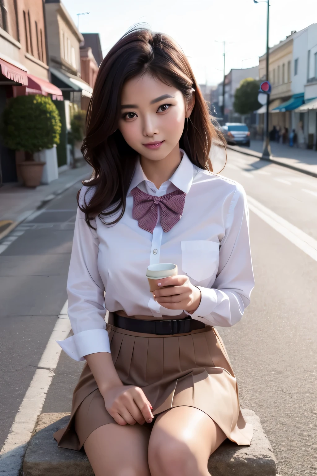 A woman with a purse is on the street, Ulzzang, (8k, RAW Photos, Highest quality, masterpiece: 1.2), (Realistic, photo-Realistic: 1.37), Very detailed, 1 girl, cute, alone, Beautifully detailed skies, Detailed Coffee, Pink wall、Sitting, Date, (My nose turned red), (smile: 1.1), (Mouth closed), Medium chest, Beautiful attention to detail, (Collared shirt: 1.1), bow tie, Pleated skirt,