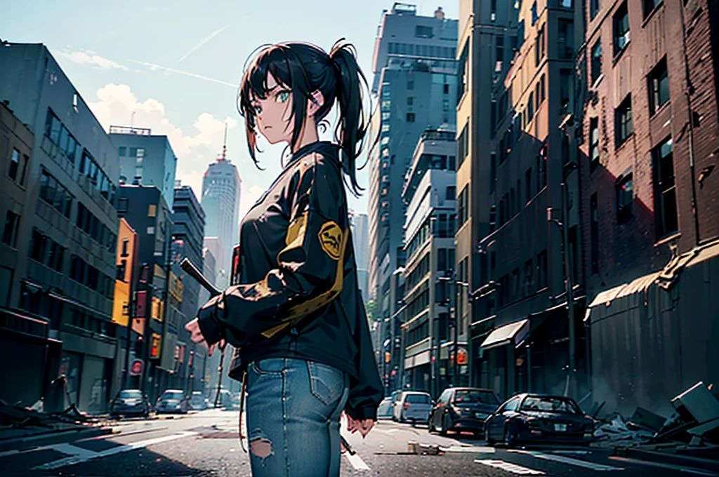 ((1 GIRL)) ((High Resolution)) ((Hyper realistic 10k,asian girl)), ((Japanese)) (( physically mature female)) (( average sized breasts)), 25-year-old, (( anime girl)), ((short dark-haired)), ((windswept hair)) ((ultra high quality))((flawless))((4k UHD)) ((Best Quality)) ((Daytime)) ((eyes glowing yellow )), wearing a ((black long sleeve shoulderless, blank T-shirt))((no logo)) wearing ((blue jeans)) and black and yellow sneakers with (((blood splattered))) on it and her face, standing in the street ((facing front and center toward the camera)) in a ((ruined city)) filled with ((heavily damaged)) and worn (( tall skyscrapers with gaping holes in their structures while on fire)) and ((crushed vehicles on fire)) ((city in ruins)) and small and ((raging fires all around)) and an ((intimidating)) look on her face.