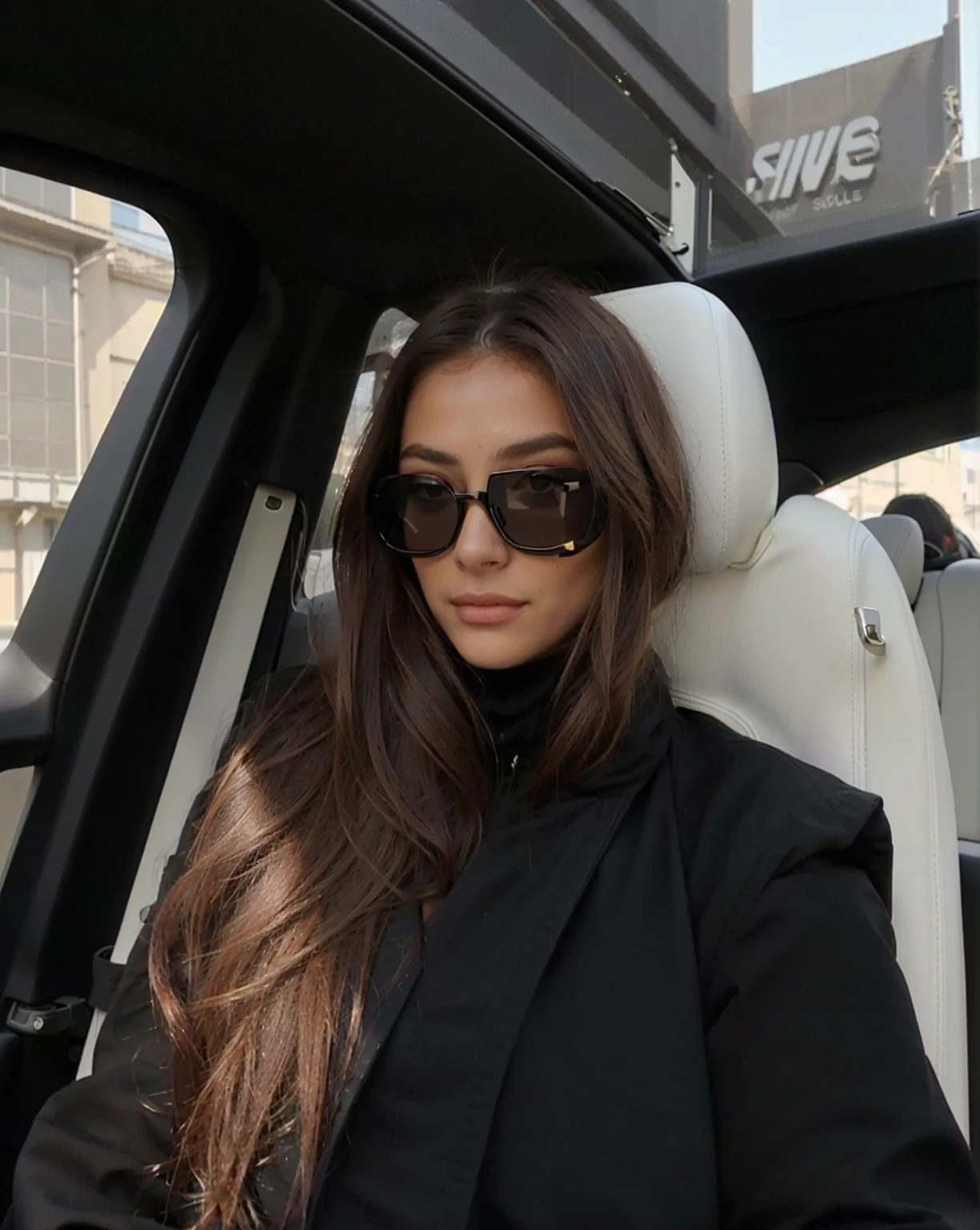 araffe woman in a black jacket and des lunettes de soleil sitting in a car, assise dans sa voiture, with des lunettes de soleil, avec des lunettes de soleil, designer des lunettes de soleil, des nuances étonnantes, longs cheveux noirs ondulés et lunettes, modèle instagram, black des lunettes de soleil, des lunettes de soleil, with dark brown des lunettes de soleil, style de flavie audi, 🤬 🤮 💕 🎀, Nuances sombres, Fille en costume