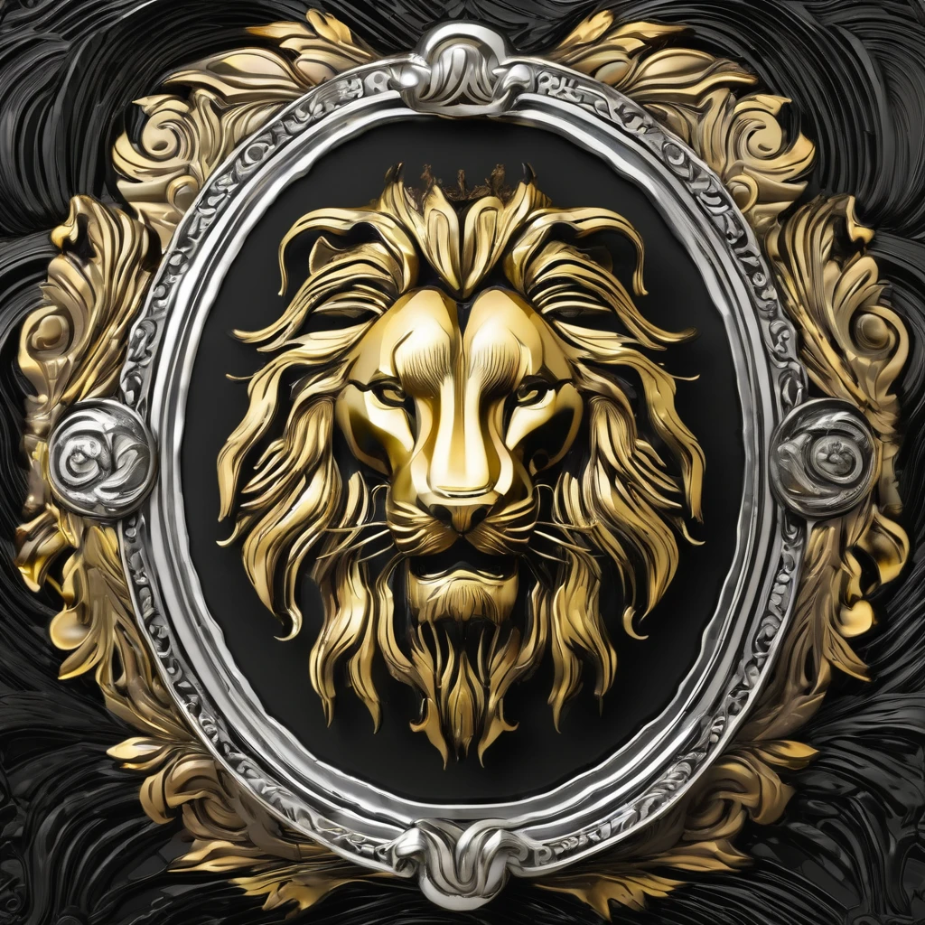 Emblem in profile of a ferocious lion, gold and silver, silver with bumped front, oval plate, pattern on black background.
