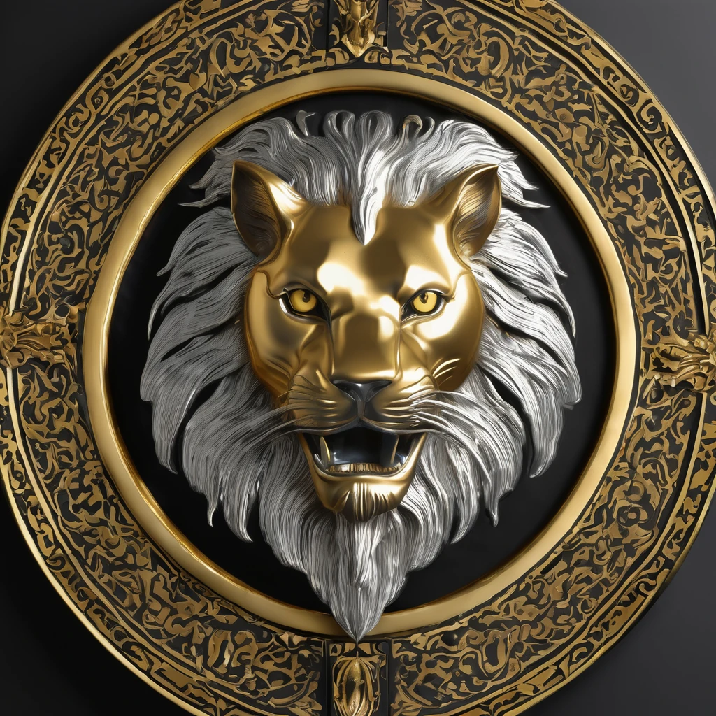 Emblem in profile of a ferocious lion, gold and silver, silver with bumped front, oval plate, pattern on black background.