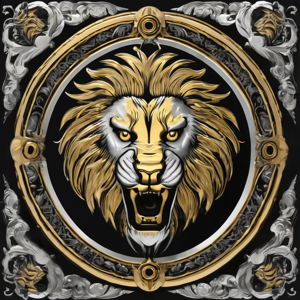 Emblem in profile of a ferocious lion, gold and silver, silver with bumped front, oval plate, pattern on black background.