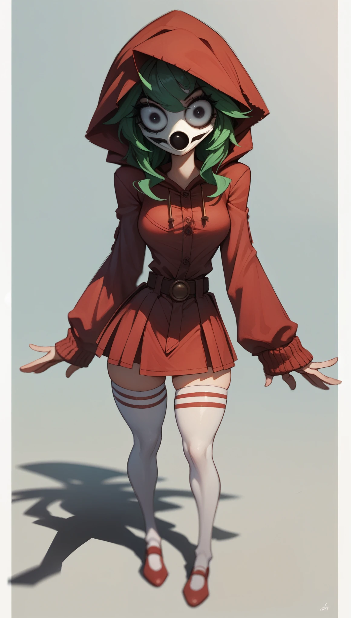 ((shygal)), mask, eyelashes, [solid background], [[light blue background]], (white border), (shaded), [3d], sleeves past wrists, (round eyes, wide eyes), (shadow), cartoony, (faceless), green hair, black eyes, breasts, no nose, 1girl, solo, [[belt]], (standing), clothes stretch, ((red hood), red skirt, hood, white thighhighs) masterpiece, (best quality:1.2), sharp image, detailed image, detailed face, perfect lighting, (perfect shadows), perfect face, (detailed background, depth of field), (4k, 2k, absurd res), bend over nsfw huge tits thicc good hands 