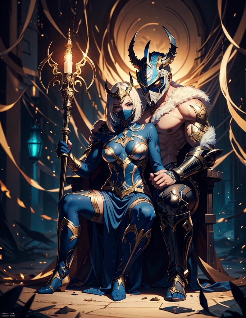 A man with short golden hair slicked back, his face entirely obscured by a Dynastinae concept mask, full mask, cold gaze, clad in an indigo blue fantasy-style Dynastinae concept chest plate, his arms and legs are clad in matching armor, he wears a white undershirt and trousers with golden stripes, standing within a magnificent fantasy-style palace, this character embodies a finely crafted fantasy-style masked light armor warrior in anime style, exquisite and mature manga art style, high definition, best quality, highres, ultra-detailed, ultra-fine painting, extremely delicate, professional, perfect body proportions, golden ratio, anatomically correct, symmetrical face, extremely detailed eyes and face, high quality eyes, creativity, RAW photo, UHD, 32k, Natural light, cinematic lighting, masterpiece-anatomy-perfect, masterpiece:1.5