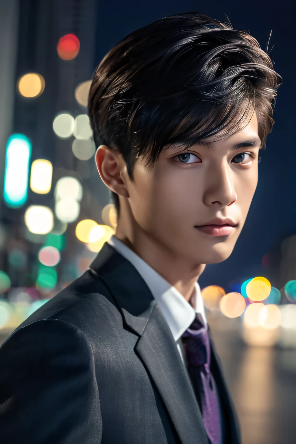 Highest quality, masterpiece, Ultra-high resolution, (Realistic: 1.4), Original photo, wallpaper, Head Photo, skin, Simple Background, Iris, detailed, Selfie, 1 boy, 18-year-old, good looking, Wind,Night view、suit