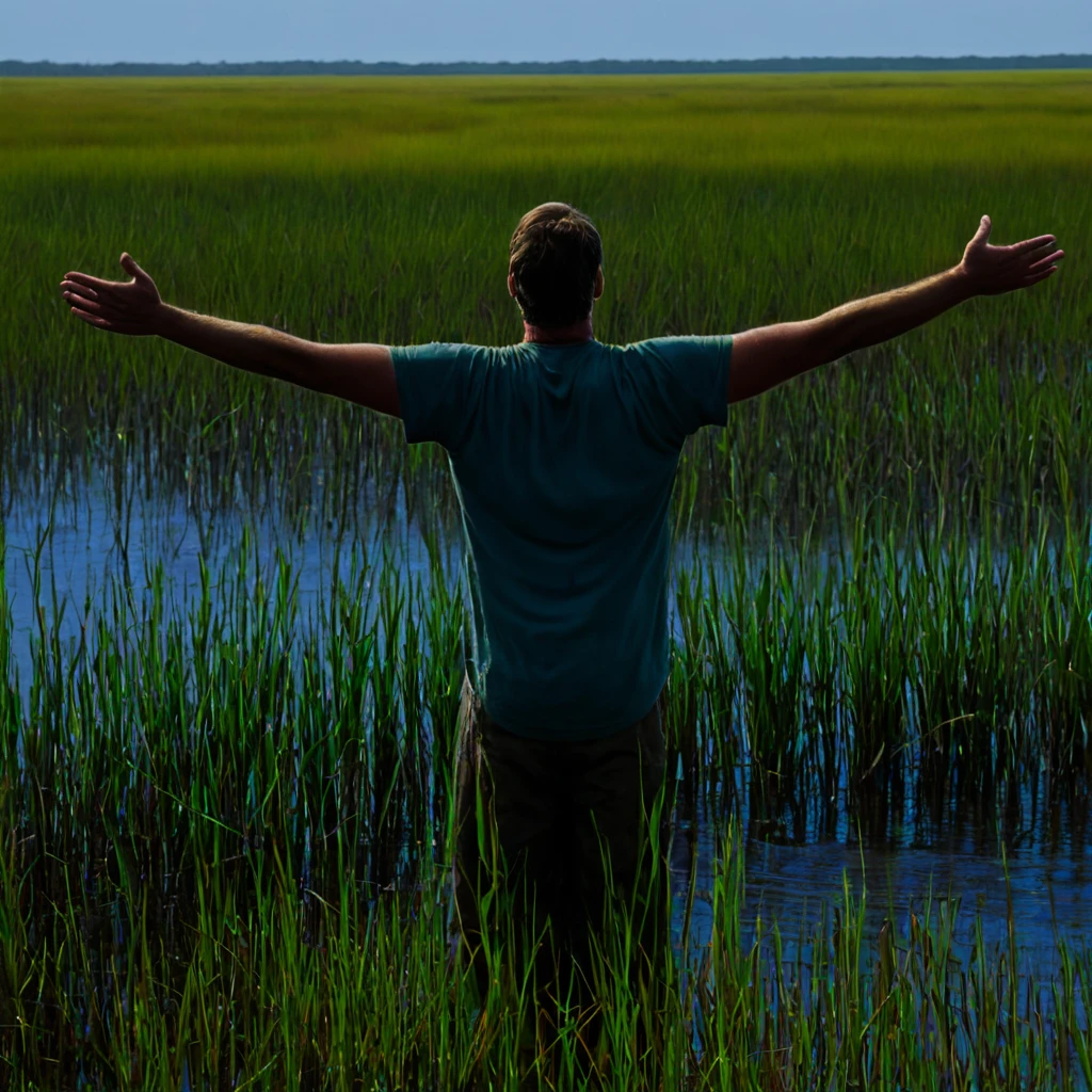 Plains Marsh，A man，in the middle，Back，Open your arms