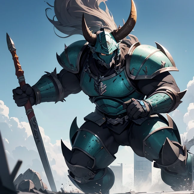 (Absurdres, master piece, best high quality image, very detailed features, very detailed textures, carefuly detailed with no deformed parts in all the artwork, not censored violence and bleeding), only solo character. 
{{A big hulking troll, he heights 2 meters tall, he has big mouth full of light blue sharp teeth, he has no nose, orange skin, he has two light blue eyes, very long arms with six fingers, strong bulky feet, 2 bison green horns on his head and 10 green spikes on his hed, wears a bulky heavy grey armor, (big squared helmet with 3 crests, big grey shoulder pads, very armored arms, bulky heavy grey, boots), wields a big axe and a huge heavy pistol, he is laughing happy and enjoying a fight. Attacking a british airbase.}}