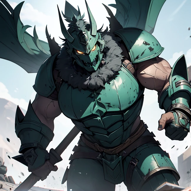 (Absurdres, master piece, best high quality image, very detailed features, very detailed textures, carefuly detailed with no deformed parts in all the artwork, not censored violence and bleeding), only solo character. 
{{A big hulking troll, he heights 2 meters tall, he has big mouth full of light blue sharp teeth, he has no nose, orange skin, he has two light blue eyes, very long arms with six fingers, strong bulky feet, 2 bison green horns on his head and 10 green spikes on his hed, wears a bulky heavy grey armor, (big squared helmet with 3 crests, big grey shoulder pads, very armored arms, bulky heavy grey, boots), wields a big axe and a huge heavy pistol, he is laughing happy and enjoying a fight. Attacking a british airbase.}}
