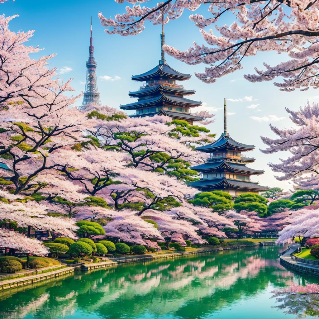 Create a scenic digital painting of Tokyo, Japan. The foreground features traditional Japanese architecture with iconic buildings, set amidst vibrant cherry blossom trees. In the background, a serene lake reflects the landscape, and the Tokyo Tower rises prominently against a clear sky. The overall atmosphere should be tranquil and picturesque, with soft pastel colors and a blend of traditional and contemporary elements