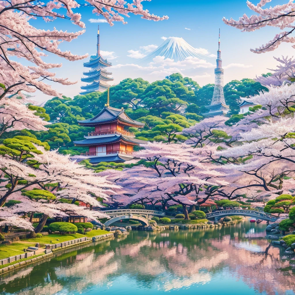Create a scenic digital painting of Tokyo, Japan. The foreground features traditional Japanese architecture with iconic buildings, set amidst vibrant cherry blossom trees. In the background, a serene lake reflects the landscape, and the Tokyo Tower rises prominently against a clear sky. The overall atmosphere should be tranquil and picturesque, with soft pastel colors and a blend of traditional and contemporary elements