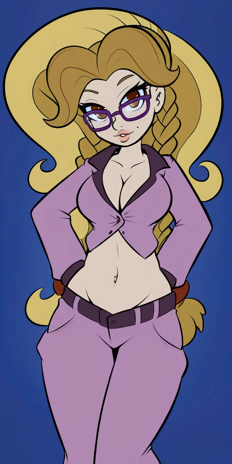 A beautiful sexy girl with a big breast, long round blonde hair, braids, her brown eye, big purple glasses, wearing a blouse, a light purple pocket with a button, tied knot, showing a navel and a blue shorts, a pocket with a black heel.