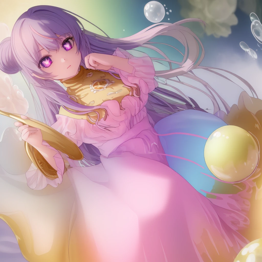 masterpiece, best quality, 8K resolution, keen focus, Intricate detailing, beautiful 3 girls, shining eyes, Face with golden ratio, supernatural liquid, Aquarell, pastel colors, bright colors, fantastical, colorful, keen focus, High resolution, Feines Detail, ((Ball gown with long puff sleeves and multiple layers)), ((round eyes)), shimmering bubbles, Fantasy background