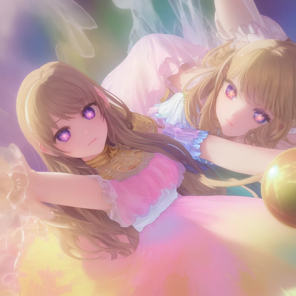 ​masterpiece, best quality, 8K resolution, keen focus, Intricate detailing, beautiful 3 girls, shining eyes, Face with golden ratio, supernatural liquid, Aquarell, pastel colors, bright colors, fantastical, colorful, keen focus, High resolution, Feines Detail, ((Ball gown with long puff sleeves and multiple layers)), ((round eyes)), shimmering bubbles, Fantasy background