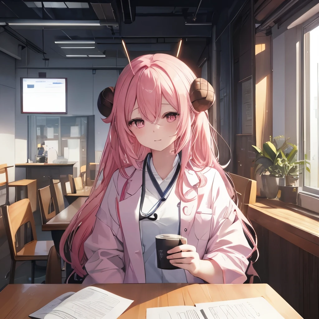 An anime-style illustration of ‘Fua-chan’ sitting in a chair after finishing a night shift. Fua-chan has distinctive features: long pink hair styled in soft curls resembling sheep’s horns, and pink eyes. She is depicted wearing a white doctor’s coat over her scrubs, with a stethoscope around her neck. She is sitting in a chair in a hospital break room, looking visibly tired but relieved, with a slight smile or relaxed expression. The background shows a dimly lit room with medical charts, a table with a coffee cup, and soft lighting, capturing the quiet and restful atmosphere as she takes a moment to unwind after her shift.