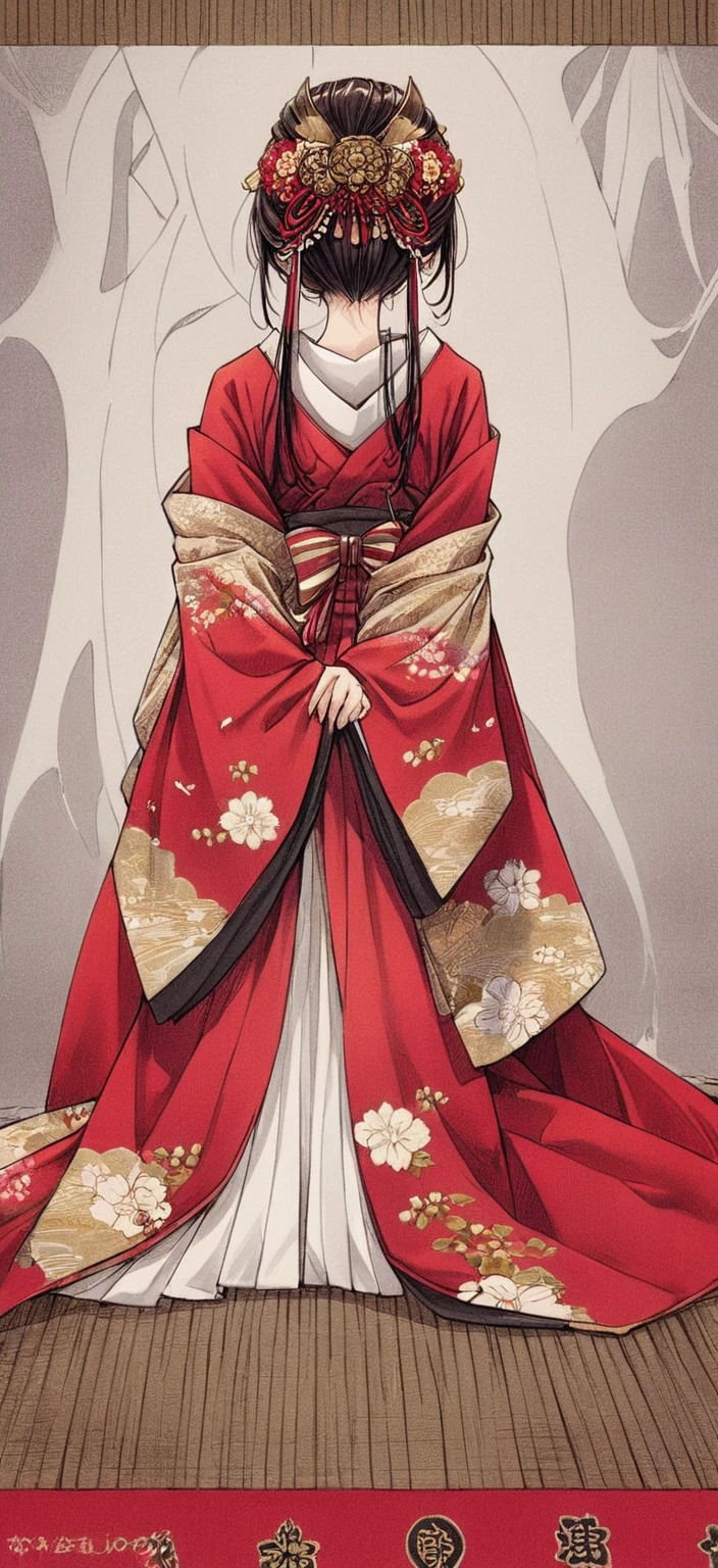 Close-up of a person in a red and gold dress, wearing royal kimono, Traditional geisha costume, japanese kimono, red kimono, in kimono, Wearing gorgeous silk clothing, red kimono with flower patterns, intricate geisha kimono, kimono, Japanese Geisha, Wearing a golden red robe, wearing a haori, Traditional Japanese, in a kimono　She shows her pussy and cries