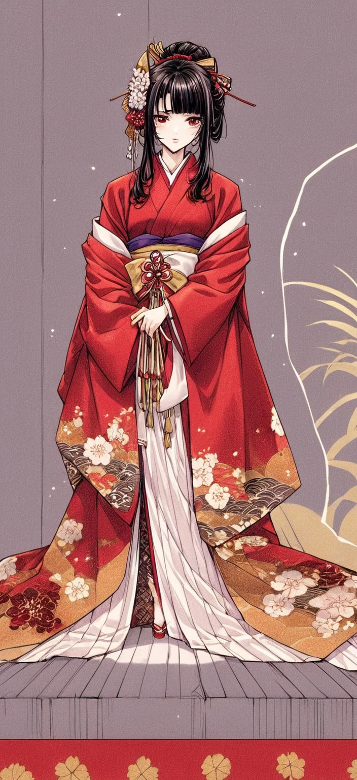 Close-up of a person in a red and gold dress, wearing royal kimono, Traditional geisha costume, japanese kimono, red kimono, in kimono, Wearing gorgeous silk clothing, red kimono with flower patterns, intricate geisha kimono, kimono, Japanese Geisha, Wearing a golden red robe, wearing a haori, Traditional Japanese, in a kimono She shows her pussy and cries