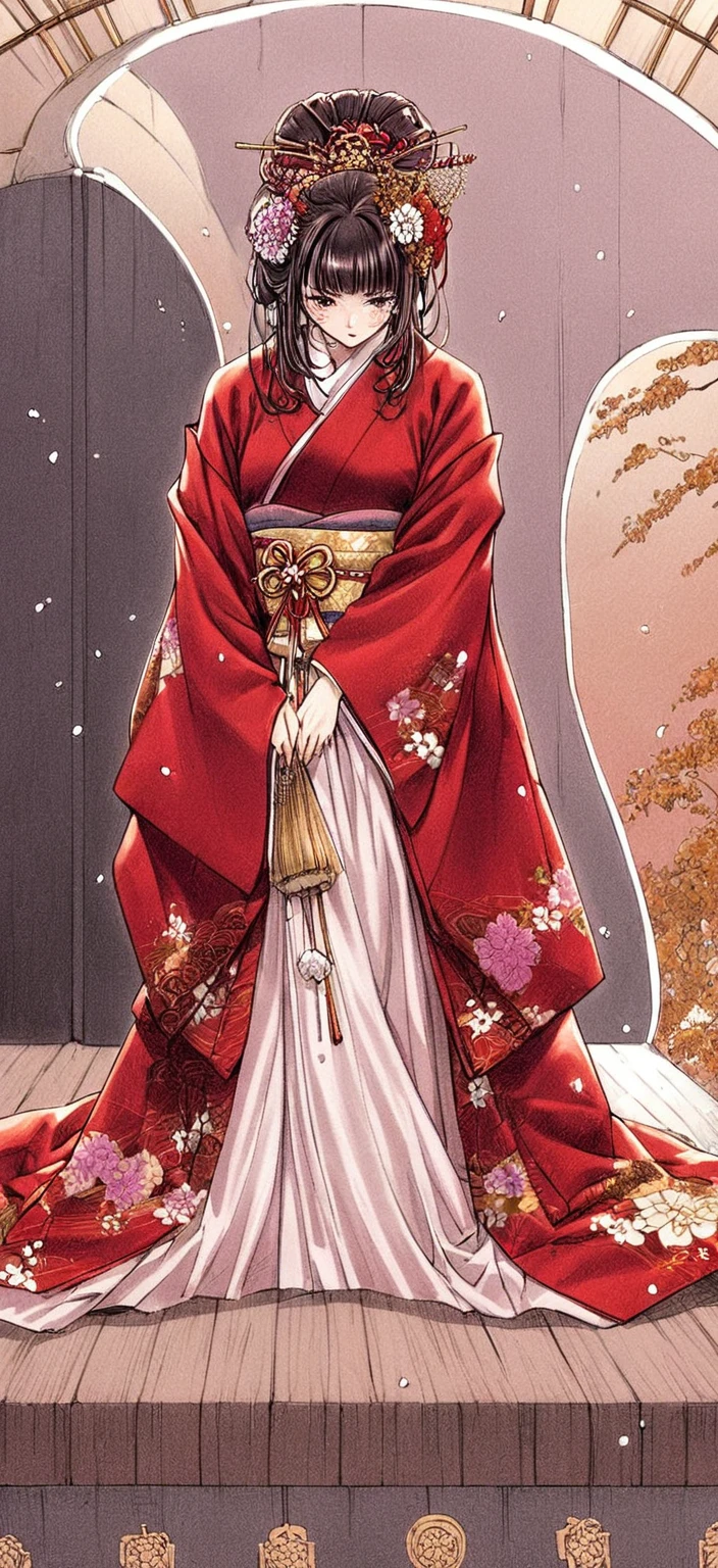 Close-up of a person in a red and gold dress, wearing royal kimono, Traditional geisha costume, japanese kimono, red kimono, in kimono, Wearing gorgeous silk clothing, red kimono with flower patterns, intricate geisha kimono, kimono, Japanese Geisha, Wearing a golden red robe, wearing a haori, Traditional Japanese, in a kimono She shows her pussy and cries