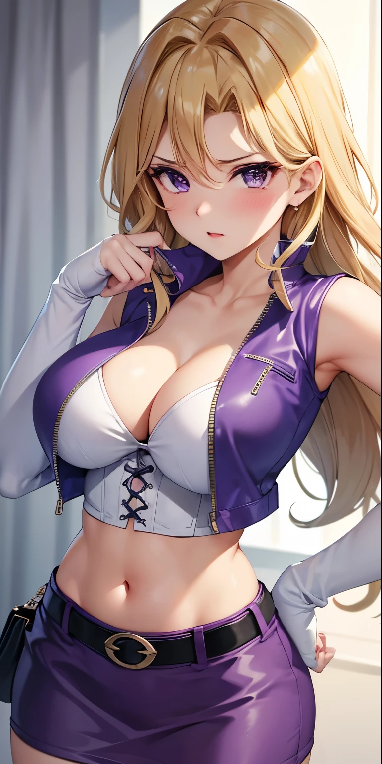 1 Female,High definition,high resolution,Ultra-realistic,8K, kujaku mai, blonde hair, purple eyes, breasts, blush, purple skirt,tight skirt, miniskirt, long hair, large breasts, elbow gloves, white gloves, navel, cleavage, detached sleeves, midriff, belt, vest, crop top, bustier,European,sexy,Upper body close-up,Photographed from the front,Dynamic Angles,blush, (medium tits), multicolored hair , Park,sky, eclipse 