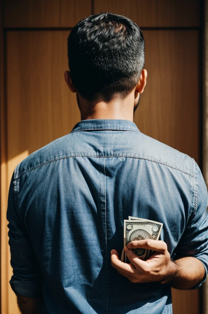 A man holding money in his hands behind his back, face a man seeing face to face smiling and the shot is from the back of the one who has the money.