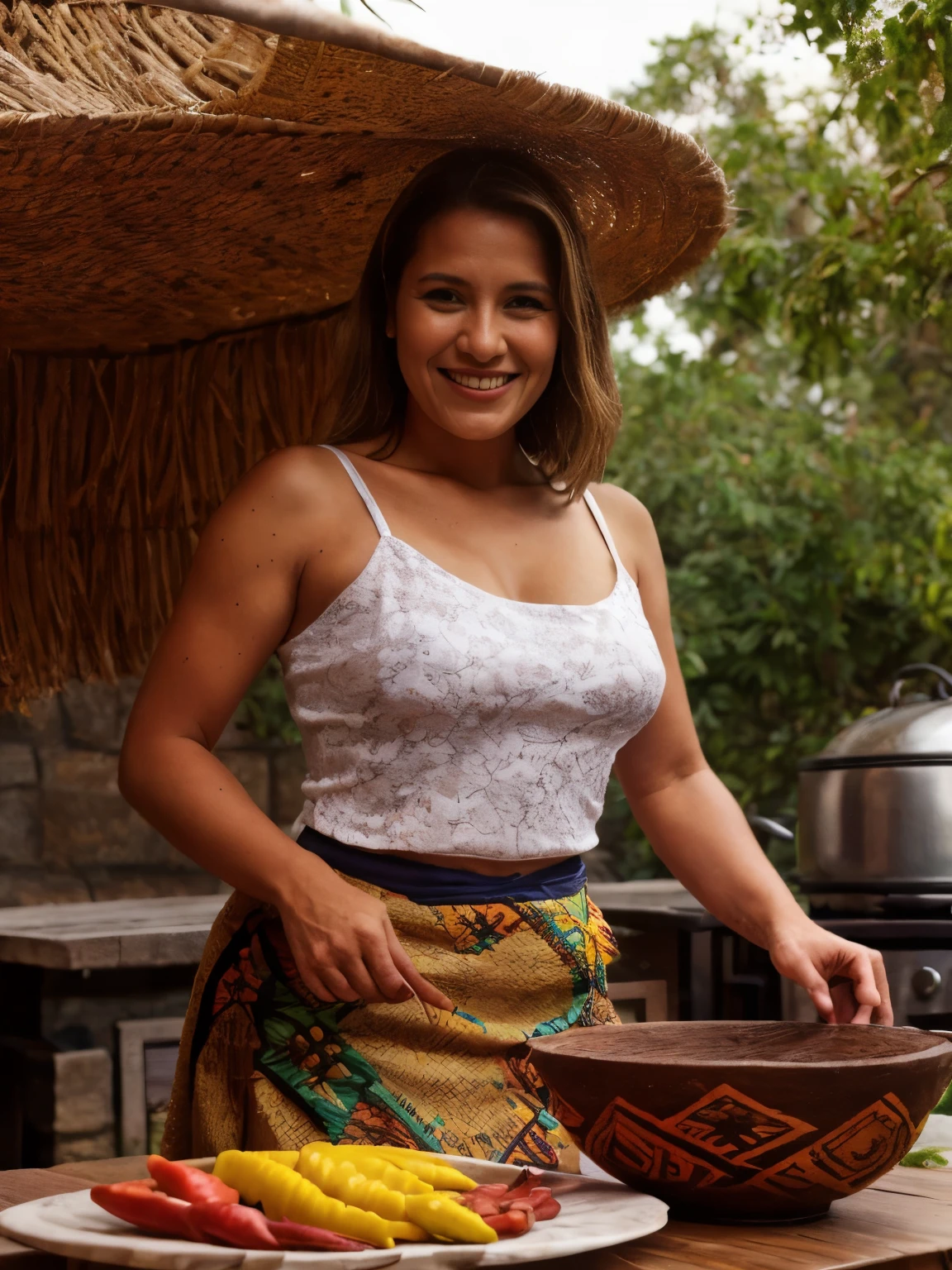 A vibrant BBQ dinner with the Aztec tribe in a serene garden near the ancient city of Tenochtitlan, now Mexico City, set in the 1400s. The Aztec woman, slightly smiling and looking at the camera, wears a traditional huipil (embroidered blouse) and a colorful, flowing skirt. Her hair is styled with traditional Aztec headbands and feathers. She is surrounded by family members in similar attire, featuring intricate patterns and bright colors.
The BBQ setup includes a stone fire pit surrounded by woven mats and wooden stools. The menu features traditional Aztec dishes such as grilled turkey, tamales, and roasted corn. Large clay pots filled with beans and chili peppers are placed on a wooden table, along with bowls of tropical fruits like papaya and mango.
The backdrop features the towering pyramids of Tikal under a canopy of tropical trees, with the evening sky painted in hues of orange and pink. Traditional Maya pottery and woven textiles decorate the area, adding to the cultural richness. Guests engage in lively conversations, sharing stories and laughter, while traditional Maya music with marimbas and flutes creates a festive atmosphere.
Items/objects/tools: fire pit, woven mats, wooden stools, tamales, grilled turkey, roasted corn, clay pots, beans, chili peppers, wooden table, papaya, mango, pyramids, tropical trees, huipil, woven skirt, headbands, feathers, traditional attire, pottery, woven textiles, marimbas, flutes, storytelling, evening sky.