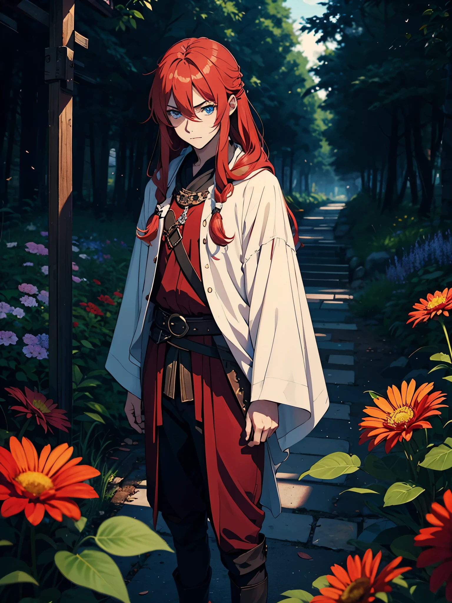 With flowers. With mohnblume. More anime. 2d. Glow. Red hair. More anime. male. Long hair. long red hair. boy, vikings. red hair. blue eyes. 火. 