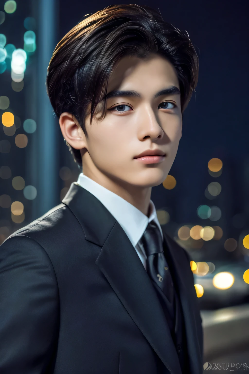 Highest quality, masterpiece, Ultra-high resolution, (Realistic: 1.4), Original photo, wallpaper, Head Photo, skin, Simple Background, Iris, detailed, Selfie, 1 boy, 18-year-old, good looking, Wind,Night view、suit