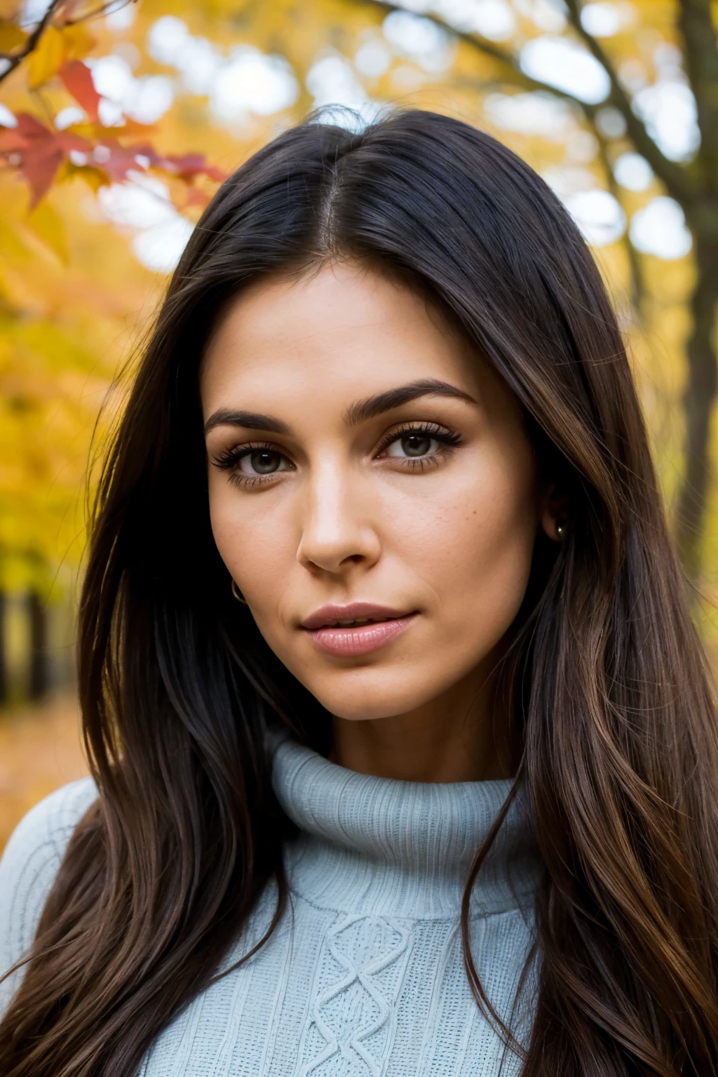 (wavy brunette perfect body Juliana Harkavy), (medium hair length), wearing (black dress), pose with a smirk, feminine fit detailed body and face and skin pores, highly detailed expressive, space above head, depth of field, skin details, caffe day lights, ultra realistic, cinematic