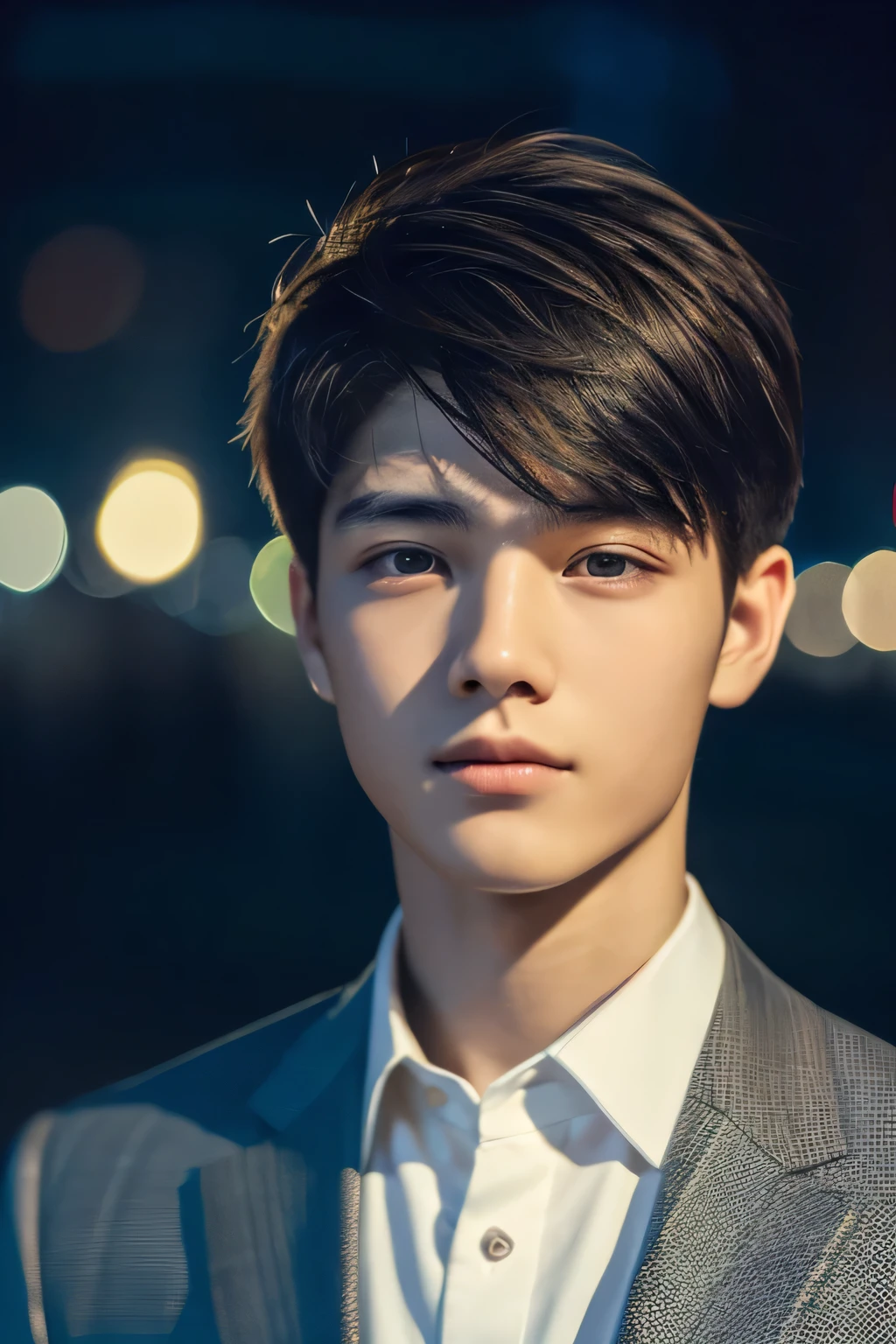 Highest quality, masterpiece, Ultra-high resolution, (Realistic: 1.4), Original photo, wallpaper, Head Photo, skin, Simple Background, Iris, detailed, Selfie, 1 boy, 18-year-old, good looking, Wind,Night view、suit