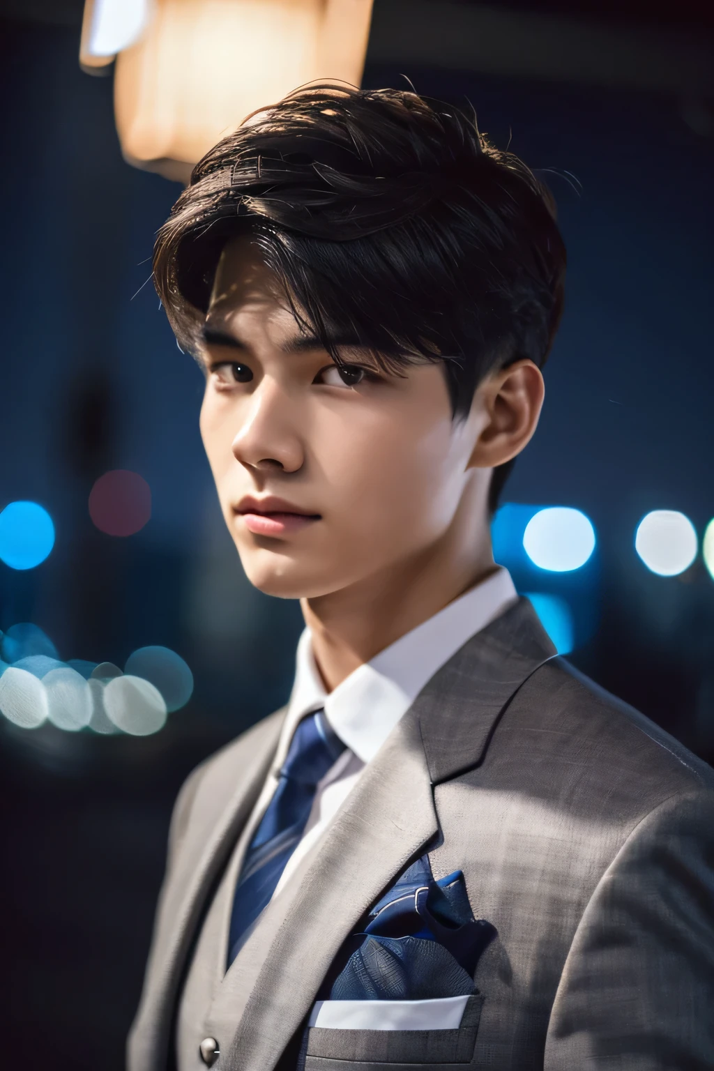 Highest quality, masterpiece, Ultra-high resolution, (Realistic: 1.4), Original photo, wallpaper, Head Photo, skin, Simple Background, Iris, detailed, Selfie, 1 boy, 18-year-old, good looking, Wind,Night view、suit