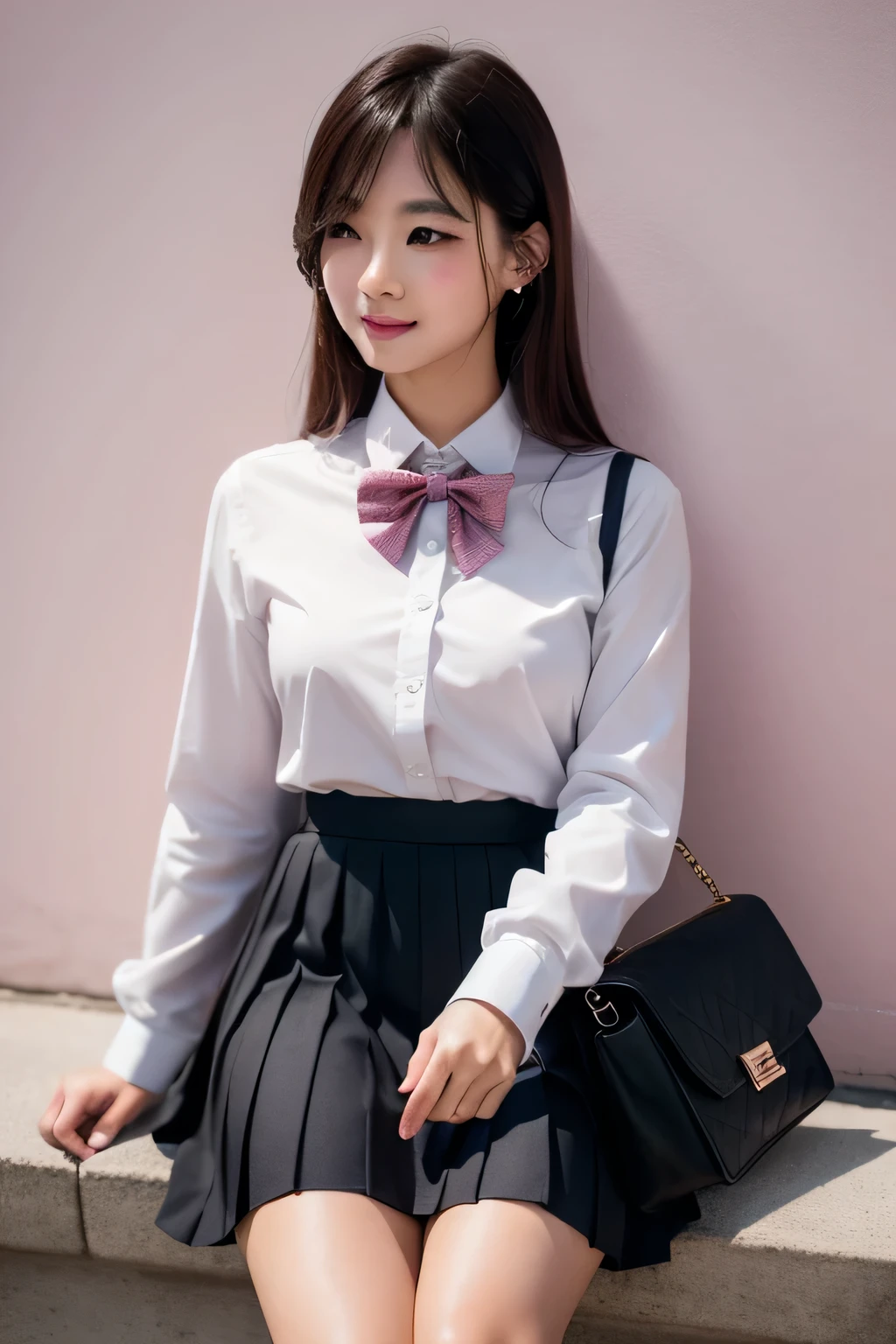 A woman with a purse is on the street, Ulzzang, (8k, RAW Photos, Highest quality, masterpiece: 1.2), (Realistic, photo-Realistic: 1.37), Very detailed, 1 girl, cute, alone, Beautifully detailed skies, Detailed Coffee, Pink wall、Sitting, Date, (My nose turned red), (smile: 1.1), (Mouth closed), Medium chest, Beautiful attention to detail, (Collared shirt: 1.1), bow tie, Pleated skirt,