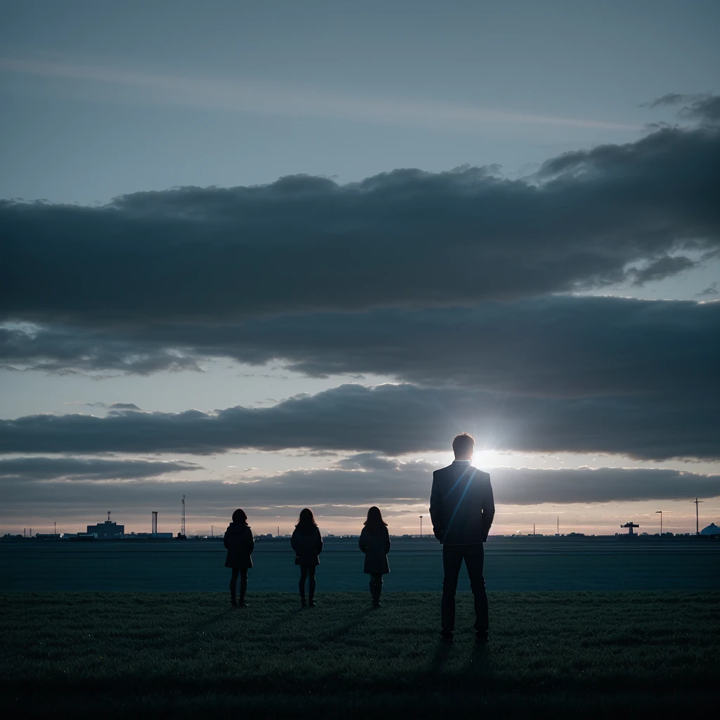 dark black cinematic, young adults 2 girls 3 boys small silhouettes standing in a dark blue cloudy field, factory in the background, dark shadows, 4k, blue anamorphic lens flare, blue light in the background, VFX, steven Spielberg