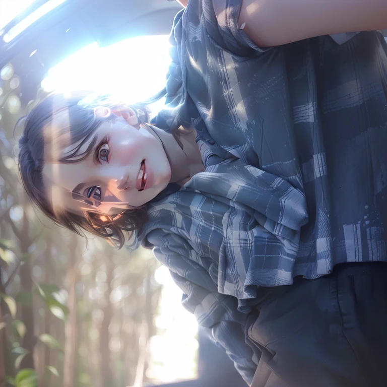 Beautiful girl, (((((small)))), Show face, prominent tongue, short hair, brown, 8 k, Professional photography, sensitive, clear, in the forest, sun, light leaks, Masterpiece, (Beautiful)))), (reality)))), He smiles, amazing, Malak, young man