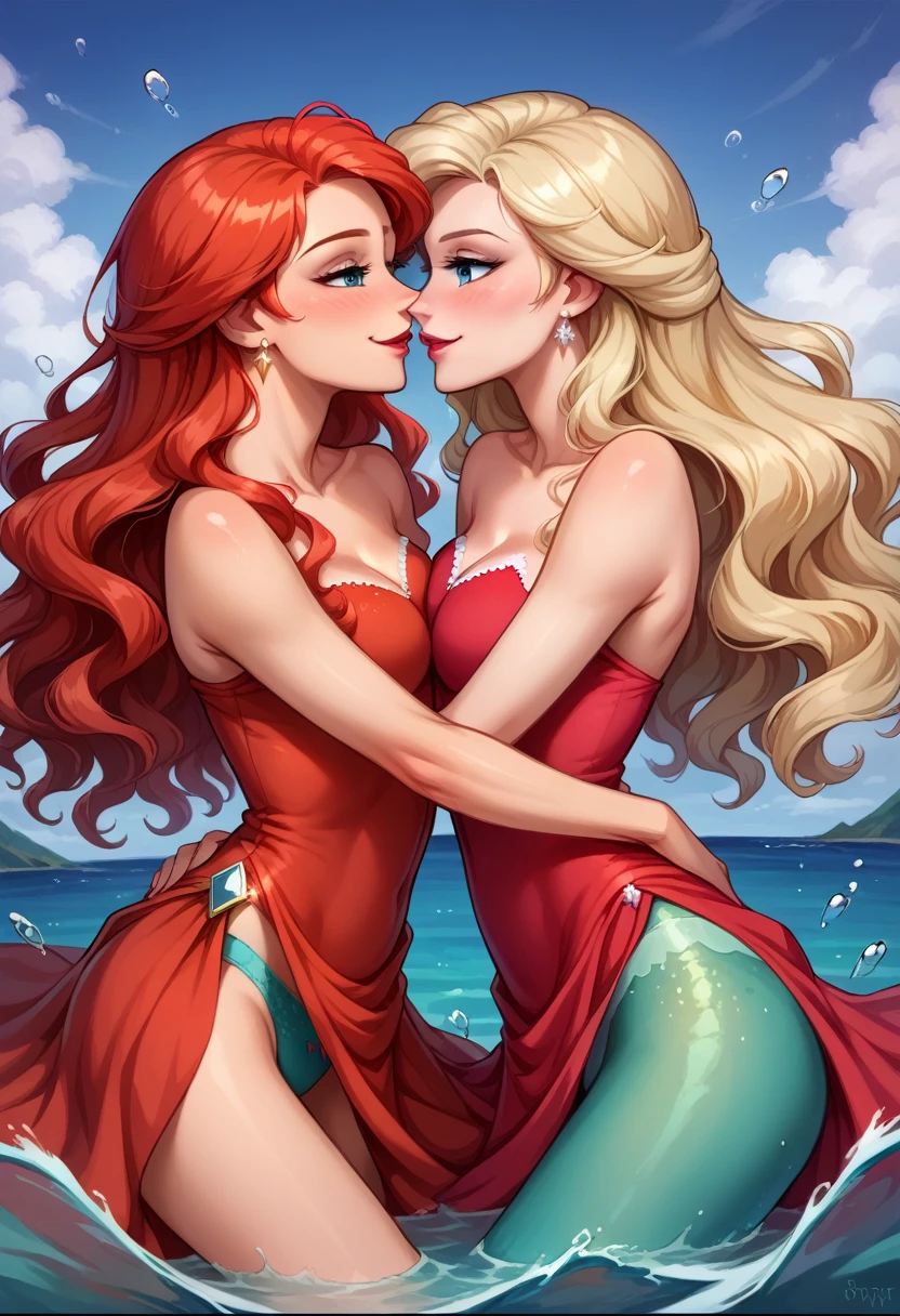 Score_9, score_8_up, score_7_up, rating_safe, source_comic, detailed soft lighting, 2girls, BREAK, Elsa from Frozen, (blonde hair, long hair, underwear:1.3), BREAK, Ariel from Little Mermaid, (red hair, long wavy hair, red dress:1.5), BREAK yuri, girlfriends, kissing, horny, smile, beautiful eyes, open eyes, (masterpiece, best quality, highly detailed, beautiful), SFW.