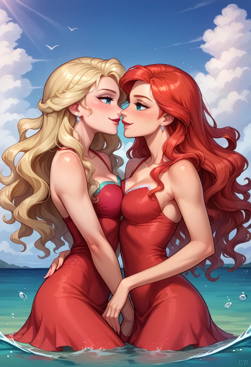 Score_9, score_8_up, score_7_up, rating_safe, source_comic, detailed soft lighting, 2girls, BREAK, Elsa from Frozen, (blonde hair, long hair, underwear:1.3), BREAK, Ariel from Little Mermaid, (red hair, long wavy hair, red dress:1.5), BREAK , girlfriends, kissing, horny, smile, beautiful eyes, open eyes, (masterpiece, best quality, highly detailed, beautiful), SFW.