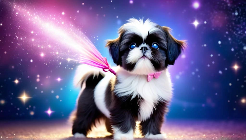 (highres:1.2),magical black shih tzu puppy,illustration,fluffy fur,sparkling blue eyes,curled tail,floating in the air,cute pink bow (best quality,highres),shining stars,glowing wand,colorful sparkles,enchanting background,dream-like atmosphere,luminous moonlight,vibrant colors,mystical fantasy,whimsical style,fanciful scenes,soft pastel tones (HDR),ethereal lighting,mesmerizing glow