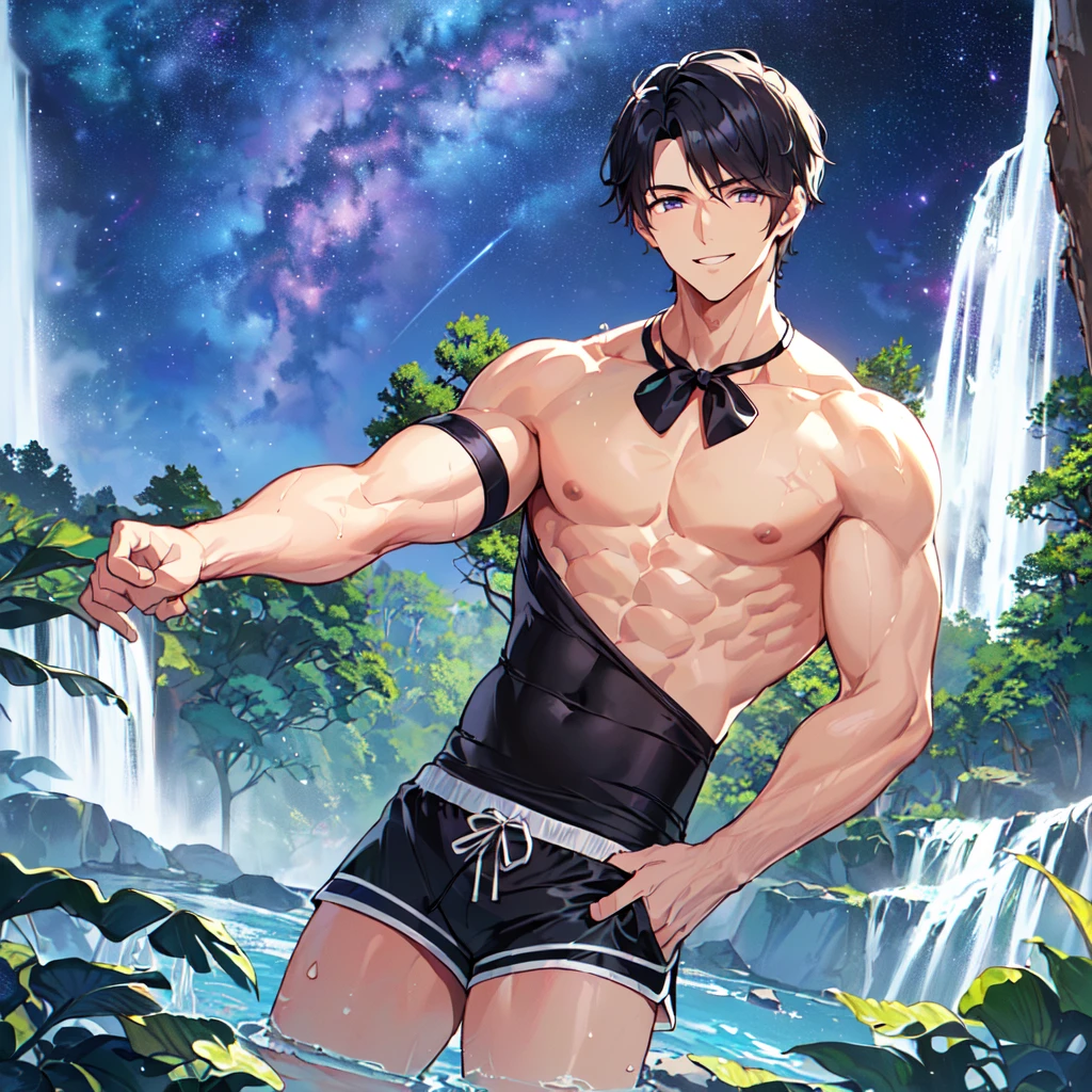 masterpiece,best quality,high quality,(1 male austere handsome solo adult 0 years old:1.5), purple eyes, cool with suspended eyes, V-shaped eyebrows, body strong and fearless 8.5 head tall, height 185cm,(well-groomed black short hair down to neck:1.4),(bangs in three (parted bangs:1.4), slender nose, facial muscles, throat, (pectoral muscles :1.3), (rectus abdominis), (swim shorts:1.3), (stylish pose), (cool smile:1.3), (background waterfall forest:1.3) , (Milky Way Night Sky:1.3)