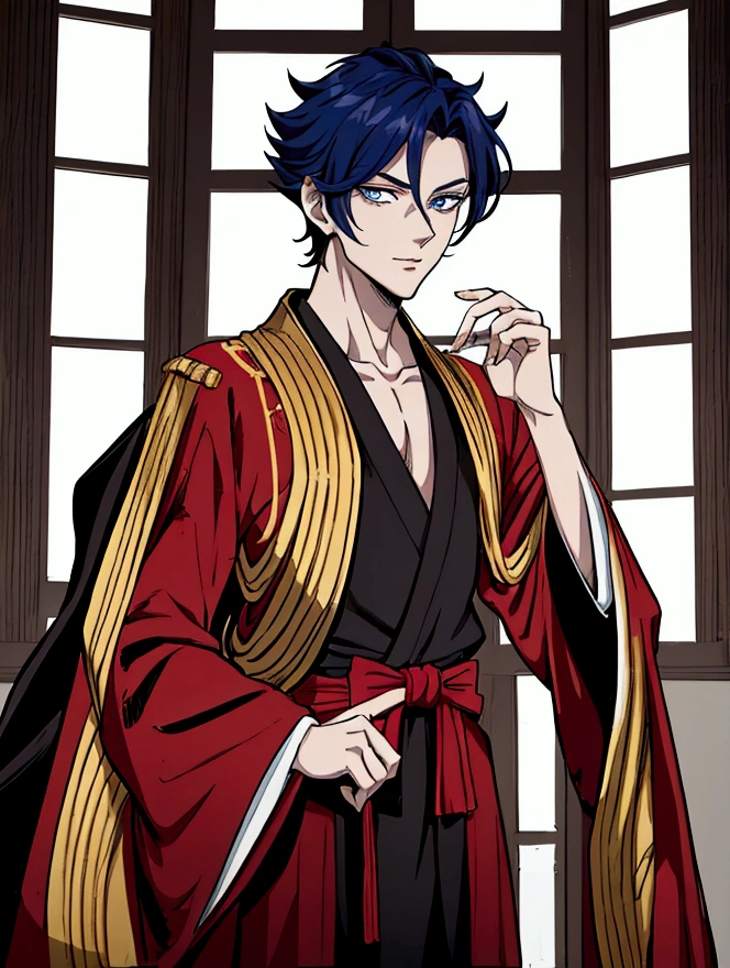 a close-up of a person in a suit and a red cape, delicate androgynous prince, Handsome androgynous prince, handsome guy in demon slayer art, ((wears an aristocratic robe)), handsome japanese demon boy, pretty anime pose, Big anime guy with blue eyes, Inspired by Bian Shoumin, Royal Clothing Akira, androgyner Vampir, male anime character
