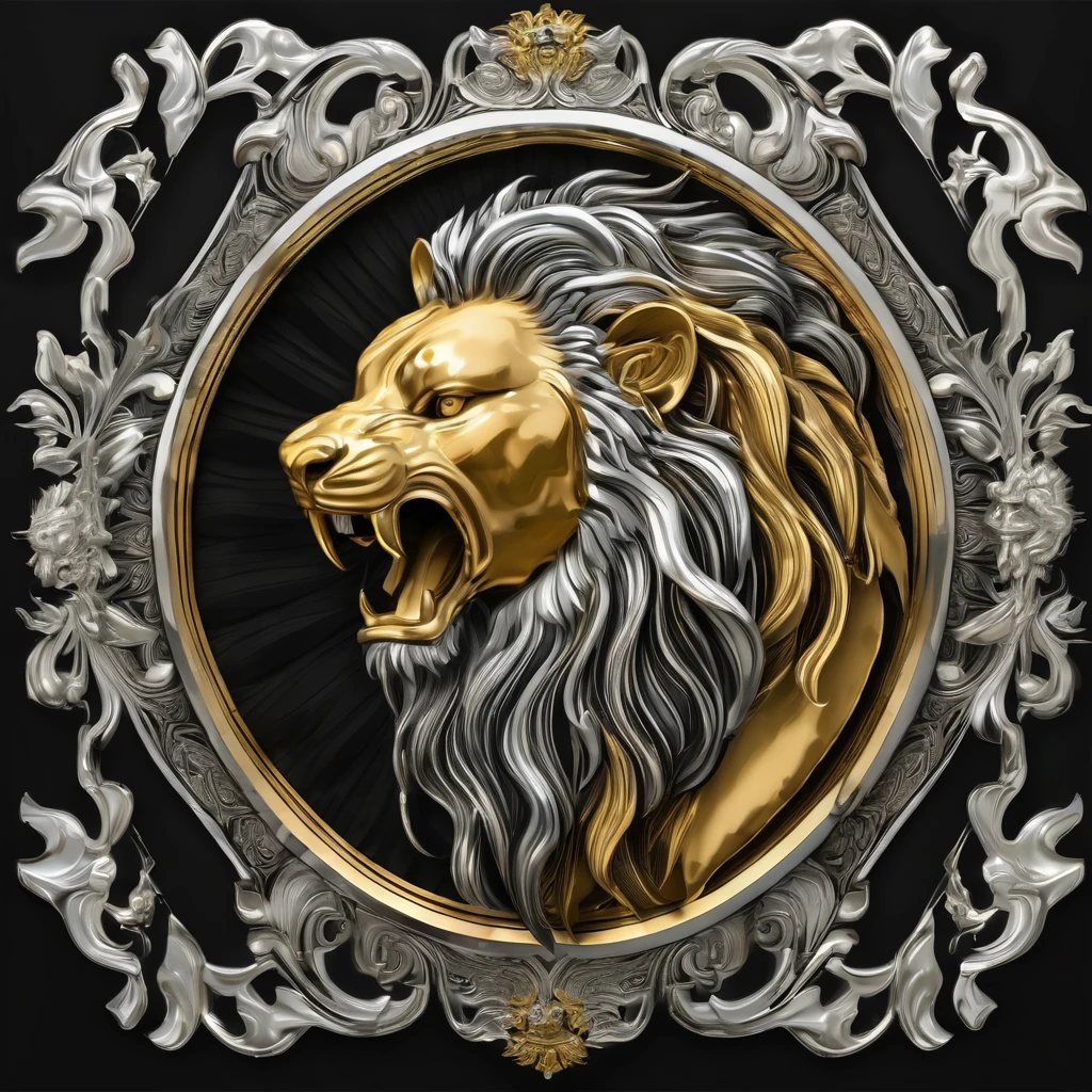 Emblem in profile of a ferocious lion, gold and silver, silver with bumped front, oval plate, pattern on black background.