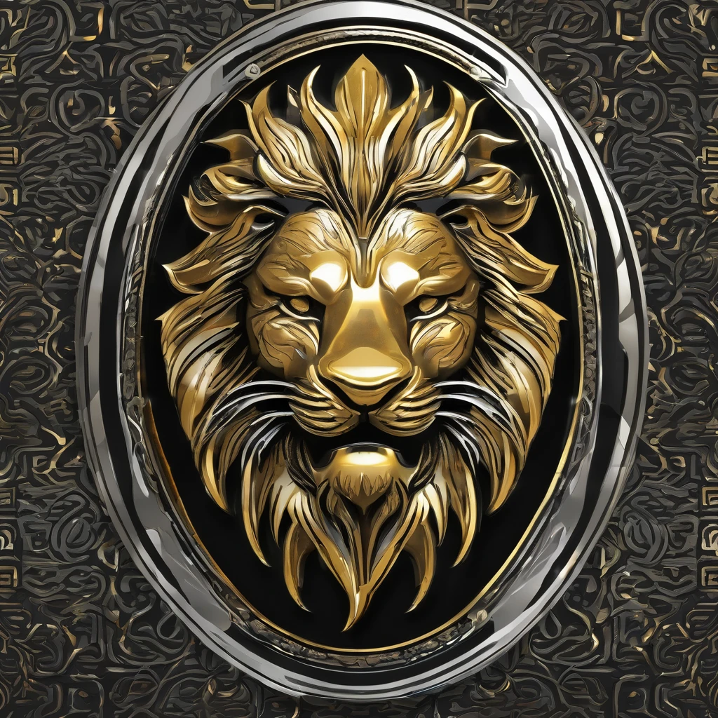 Emblem in profile of a ferocious lion, gold and silver, silver with bumped front, oval plate, pattern on black background.