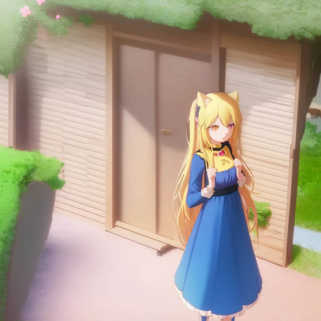 From the ants’ perspective、Anime girl with cat ears, long blonde hair and blue dress stands in front of the house, In dress, , cute anime waifu in a beautiful dress, Splash Art Anime , cute anime girl, pretty anime girl, blonde anime girl with long hair, beautiful anime girl, young anime girl, Clean, detailed anime art, Portrait of a cute anime girl, babe, meow.