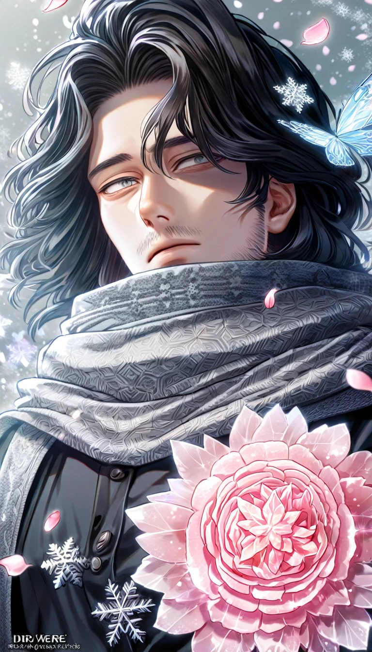 Ultra detailed, HDR, Highres, absurdres, master piece, Eraserhead, black hair, medium hair, expressive gray eyes, faint beard, gray scarf, black shirt, Boku No Hero Academia, handsome, ice glittering butterflies, ice, petals, ice pink glass flowers, glittering, fantasy, magical, snowflakes, cold, solo, sexy man