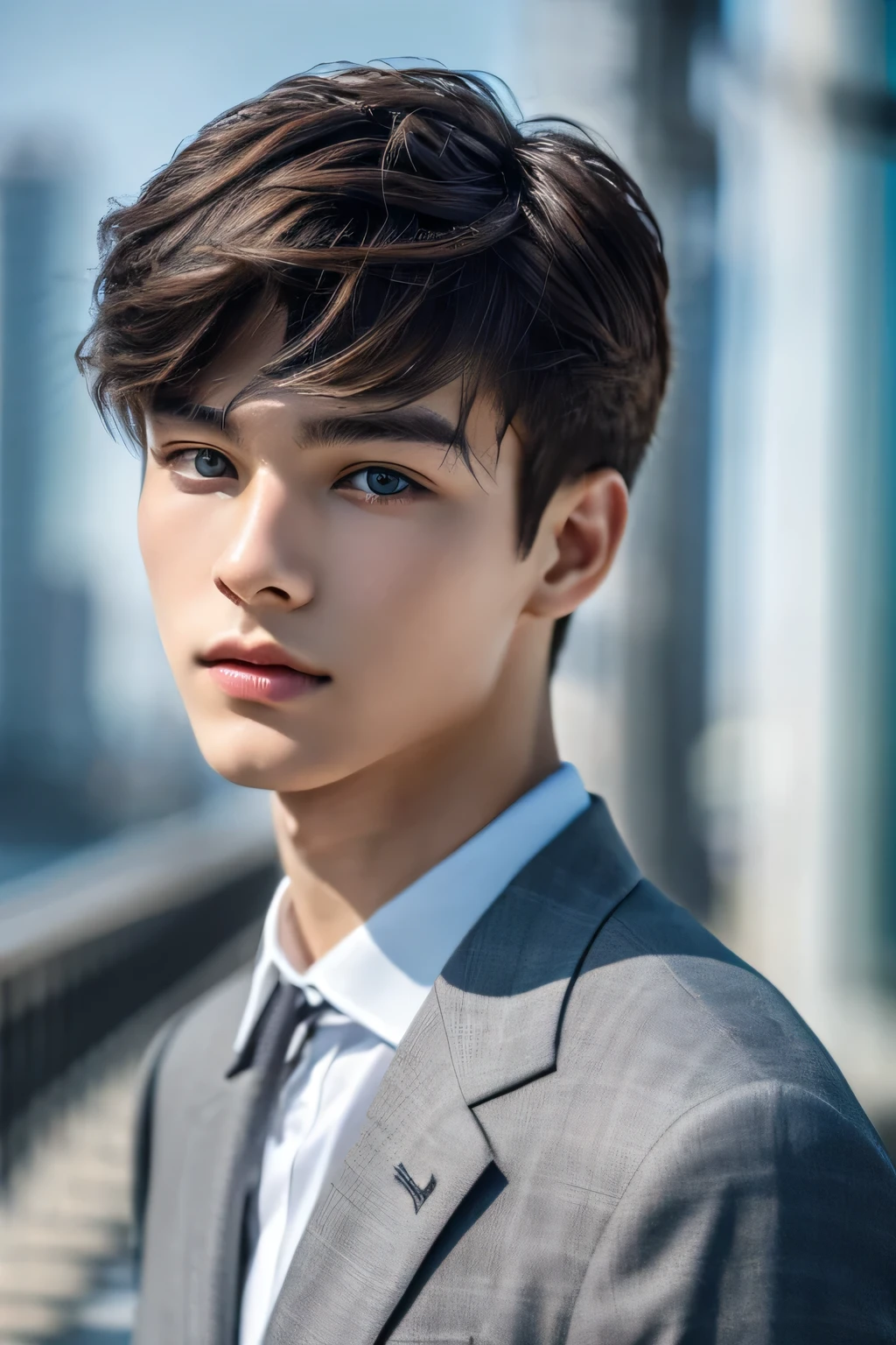 Highest quality, masterpiece, Ultra-high resolution, (Realistic: 1.4), Original photo, wallpaper, Head Photo, skin, Simple Background, Iris, detailed, Selfie, 1 boy, 18-year-old, good looking, Wind,suit