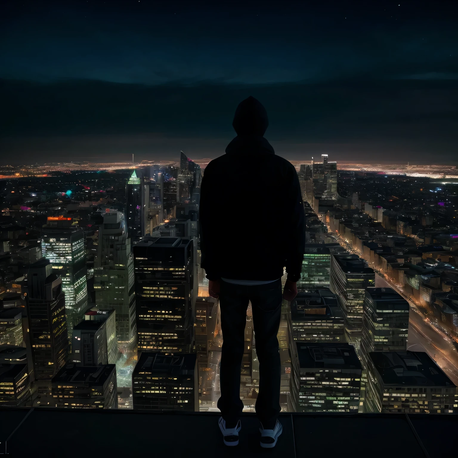 A man addicted to weed smoking on a rooftop overlooking a magnificent night city, a menacing presence observing him in the sky, ultra-realistic photo