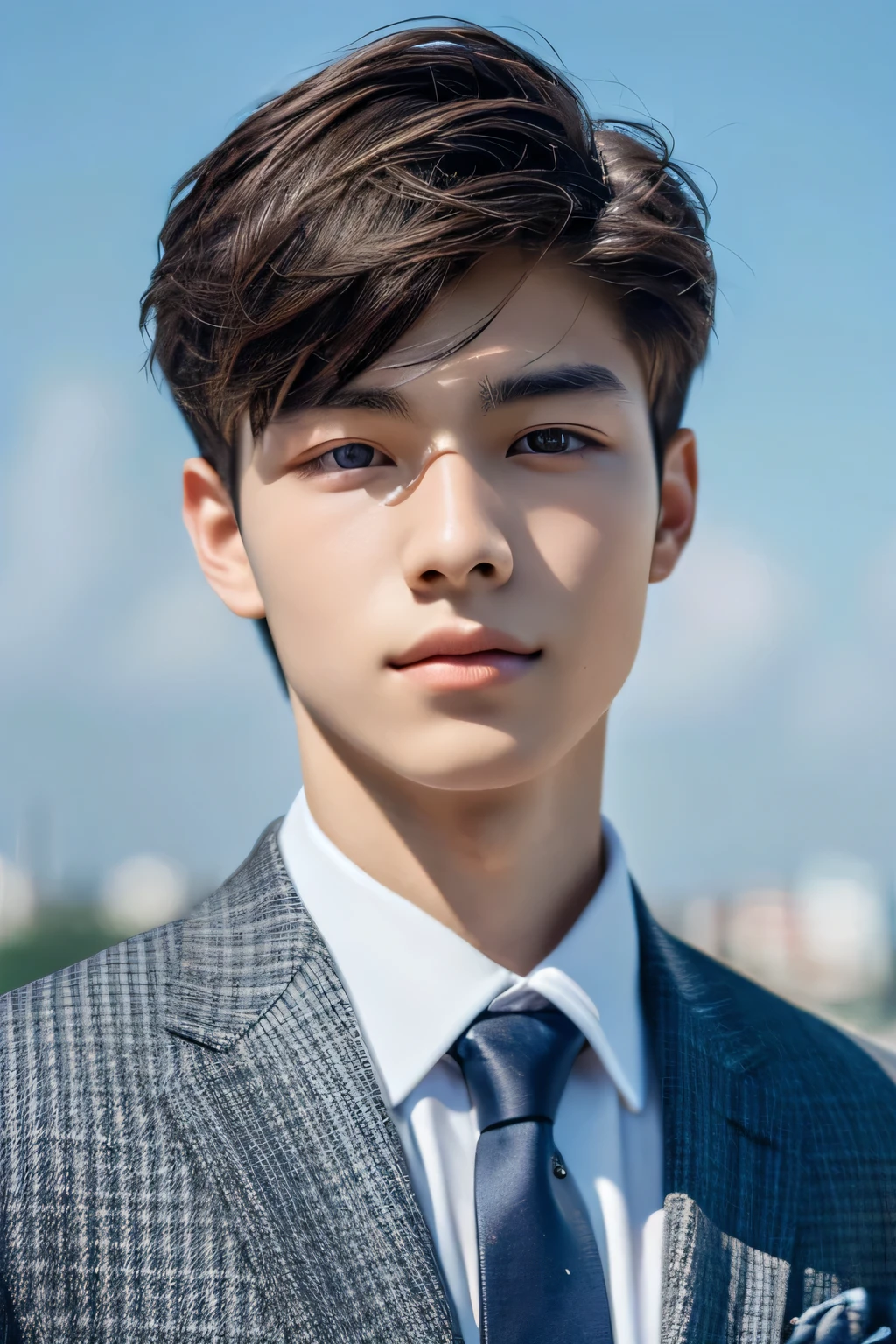 Highest quality, masterpiece, Ultra-high resolution, (Realistic: 1.4), Original photo, wallpaper, Head Photo, skin, Simple Background, Iris, detailed, Selfie, 1 boy, 18-year-old, good looking, Wind,suit
