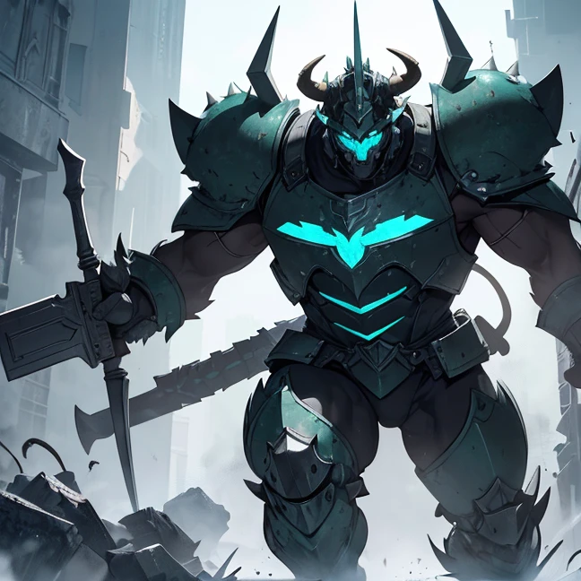 (Absurdres, master piece, best high quality image, very detailed features, very detailed textures, carefuly detailed with no deformed parts in all the artwork, not censored violence and bleeding), only solo character, full body view.
{{A big hulking troll, he has big mouth full of light blue sharp teeth, he has no nose, orange skin, he has two light blue eyes, very long arms with six fingers, strong bulky feet, 2 bison green horns on his head and 10 green spikes on his hed, wears a bulky heavy grey armor, (big squared helmet with 3 crests, big grey shoulder pads, very armored arms, bulky heavy grey, boots), wields a big axe and a huge heavy pistol, he is laughing happy and enjoying a fight. Attacking a british airbase.}}