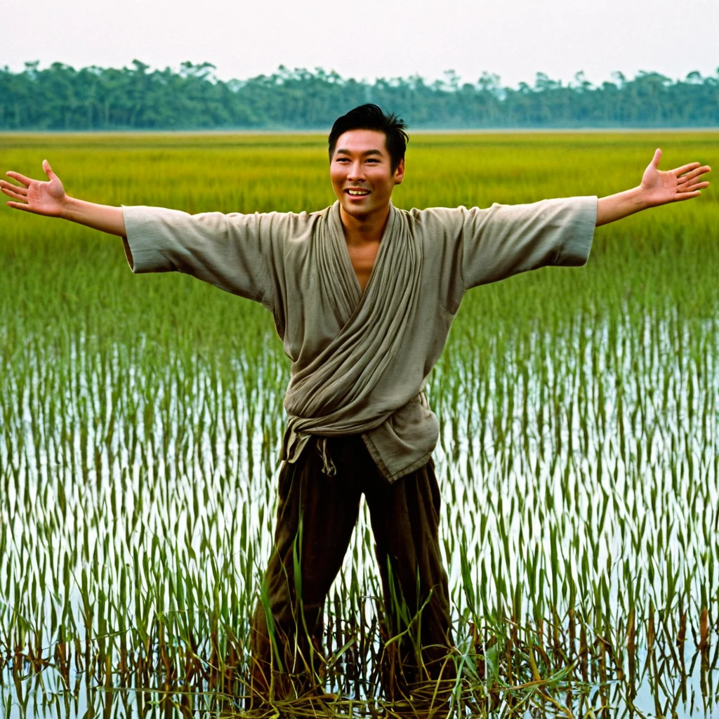 Plains Marsh，An Asian man，in the middle，Back，Open your arms