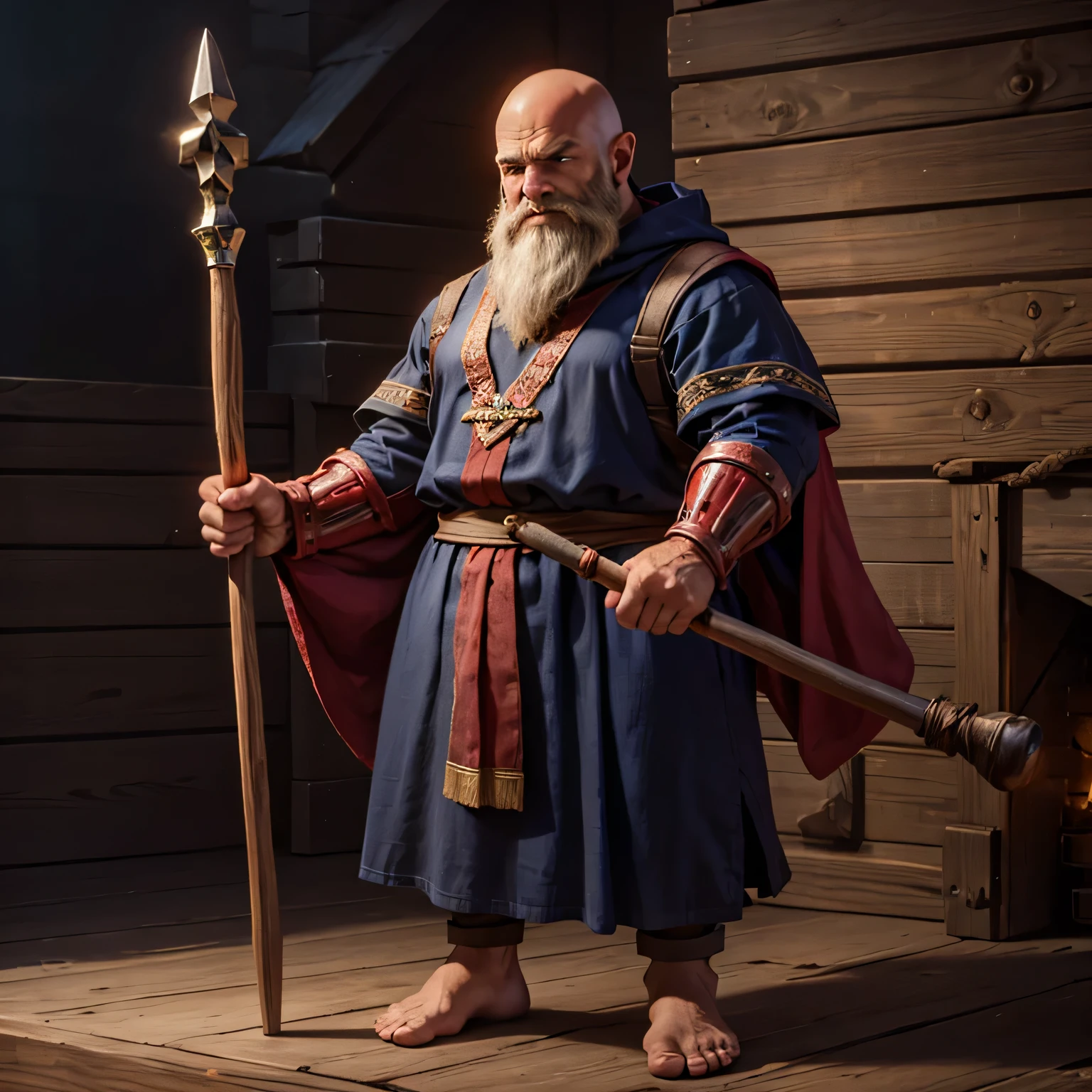 a bearded dwarf wizard with a bald head in cloth clothes and a wooden staff, clothing colors black and red.